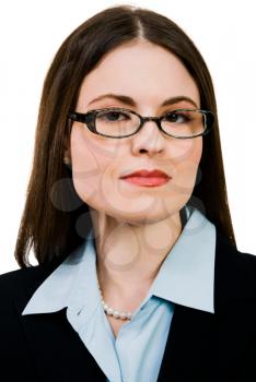 Happy businesswoman wearing eyeglasses isolated over white