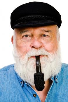 Portrait of a man smoking with pipe isolated over white