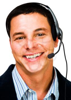 Happy businessman wearing a headset isolated over white