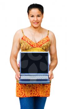 Mixed race woman holding a laptop and smiling isolated over white