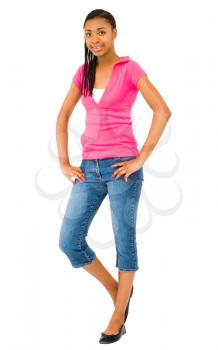 Teenage girl posing and smiling isolated over white