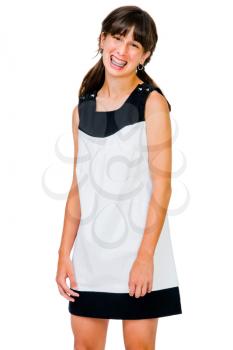 Happy teenage girl posing isolated over white