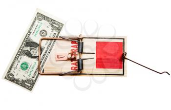 One dollar bill in a mousetrap isolated over white