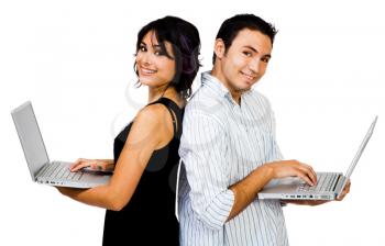 Mixedrace couple using laptops and smiling isolated over white