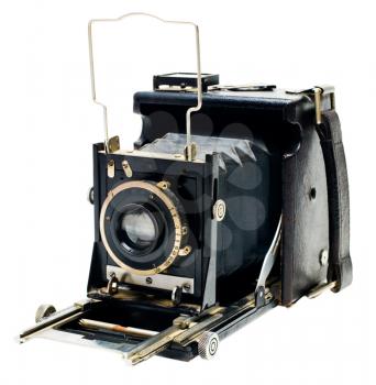 Close-up of an old camera isolated over white