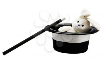 Magic wand with rabbit and top hat isolated over white
