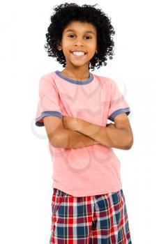 Boy standing with her arms crossed and smiling isolated over white