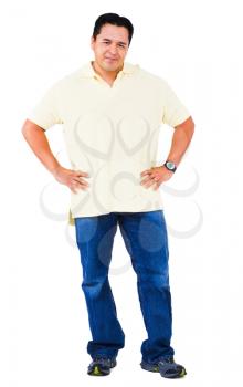 Man standing with arms akimbo isolated over white