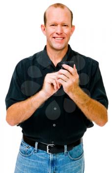 Mature man text messaging on a mobile phone isolated over white