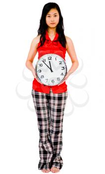 Fashion model showing a clock and posing isolated over white