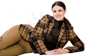 Caucasian woman posing and smiling isolated over white
