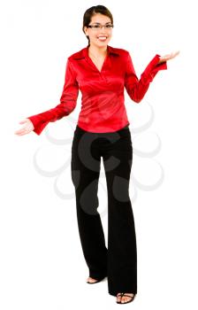 Smiling woman gesturing and posing isolated over white