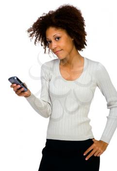 Close-up of a woman using a PDA and smiling isolated over white