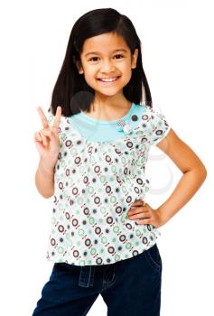 Smiling girl showing peace sign and posing isolated over white