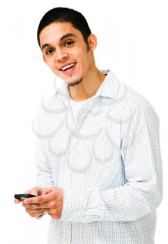 Man using a mobile phone isolated over white