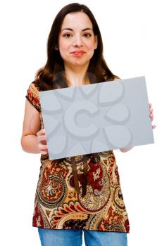 Portrait of a woman showing an empty placard isolated over white