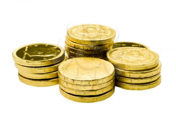 Golden coins isolated over white