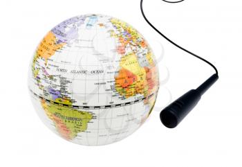 Globe with a microphone isolated over white