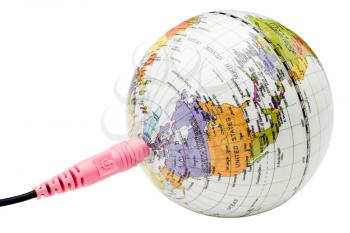 Globe with a cable of microphone isolated over white