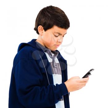 Caucasian boy text messaging isolated over white
