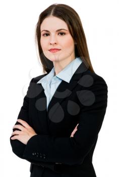 Happy businesswoman posing isolated over white