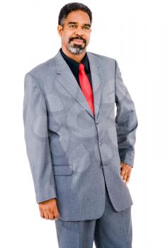 African American businessman thinking and posing isolated over white