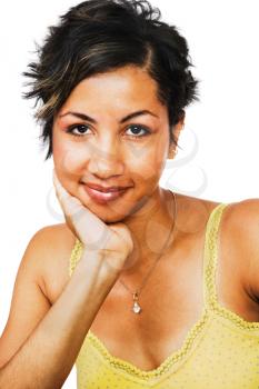 Mixed race young woman posing and smiling isolated over white