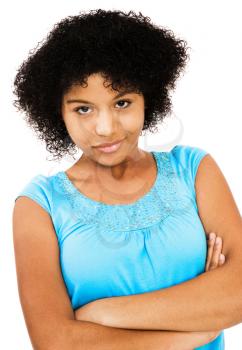 Portrait of a teenage girl posing and smiling isolated over white