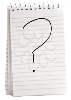 Question mark on a spiral notebook isolated over white