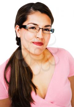 Latin American woman smiling isolated over white