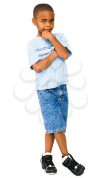 African boy thinking with his hand on his chin isolated over white