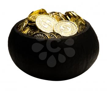 Gold coins in a pot isolated over white