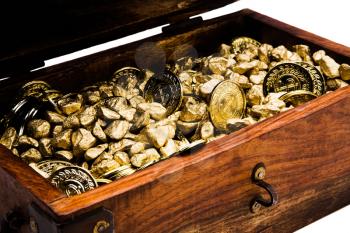 Gold coins and nuggets in a chest box isolated over white