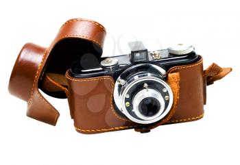 Camera in brown color cover isolated over white