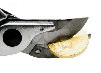 Pruning shears cutting a gold coin isolated over white