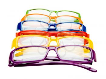 Colorful eyeglasses in a row isolated over white