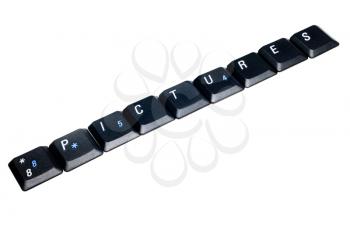 Pictures word is made of computer keys isolated over white