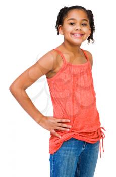 African-American girl standing and smiling isolated over white