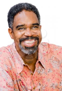 African American mature man posing and smiling isolated over white