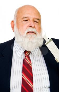 Businessman measuring with a scale isolated over white