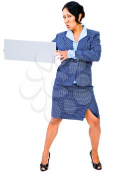 Mixedrace businesswoman showing a placard and posing isolated over white