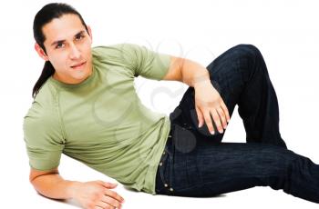 Smiling young man leaning and posing isolated over white