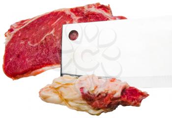 Meat cleaver cutting beef isolated over white