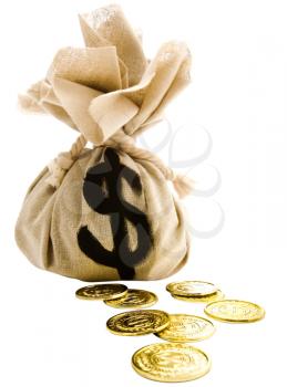 Sack with dollar sign and us coins isolated over white