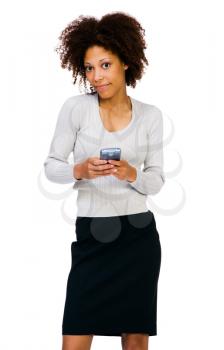 African American woman using a PDA isolated over white