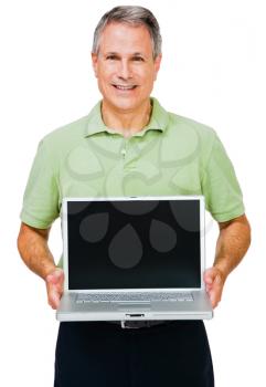 Close-up of a man showing a laptop isolated over white