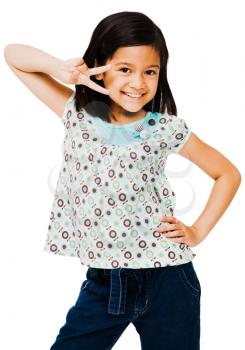 Happy girl showing peace sign and posing isolated over white