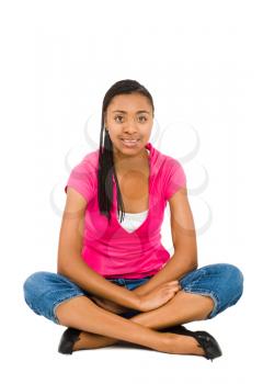 Teenager posing and smiling isolated over white