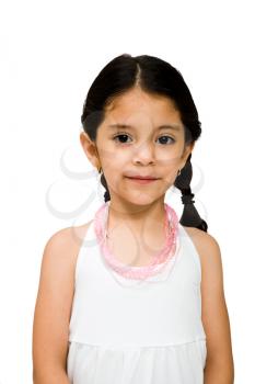 Smiling girl standing and posing isolated over white