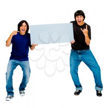 Two brothers showing an empty placard isolated over white